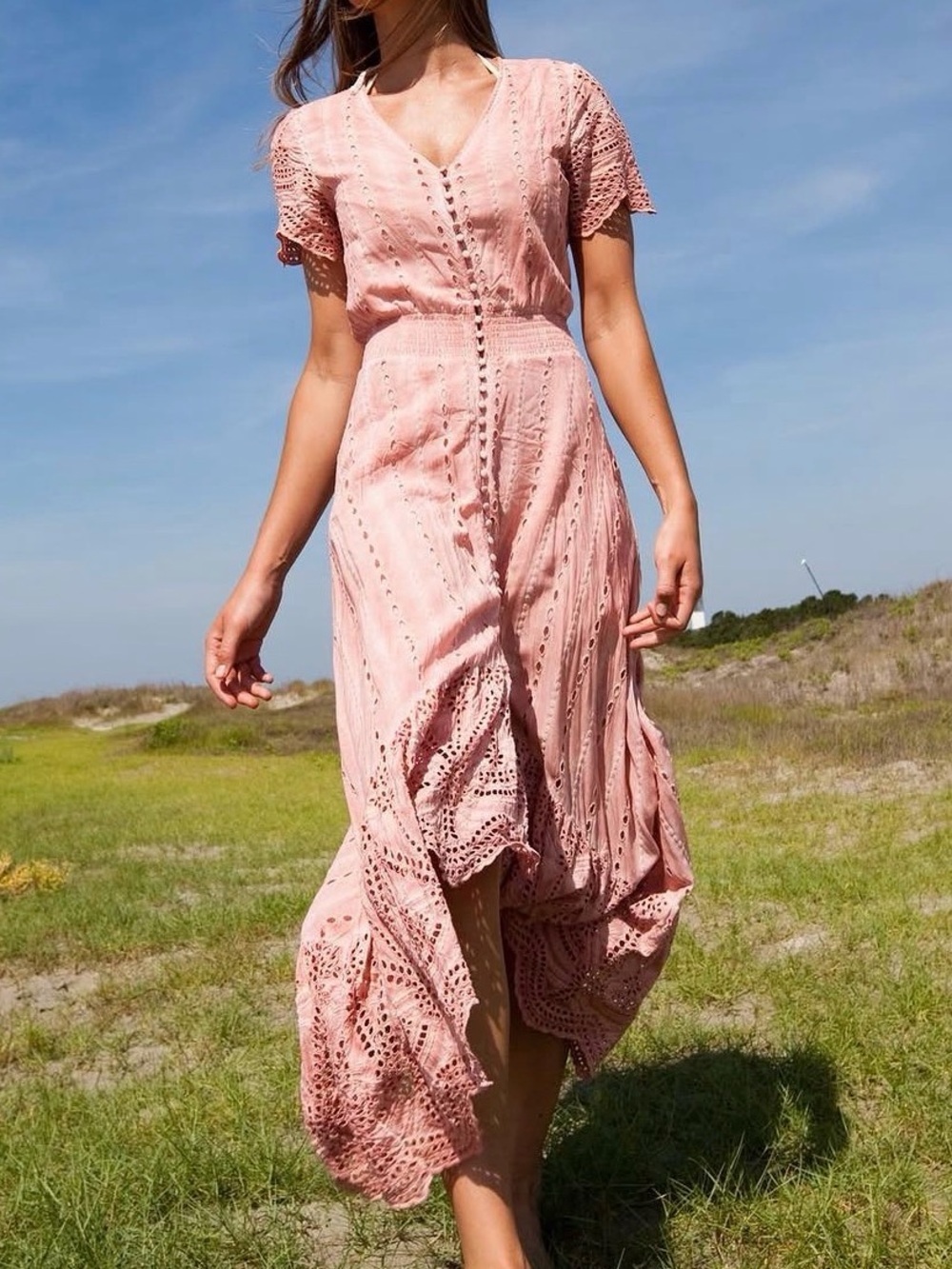 ✅ NWT Young Fabulous & Broke Blush Eyelet Maxi Dress size M